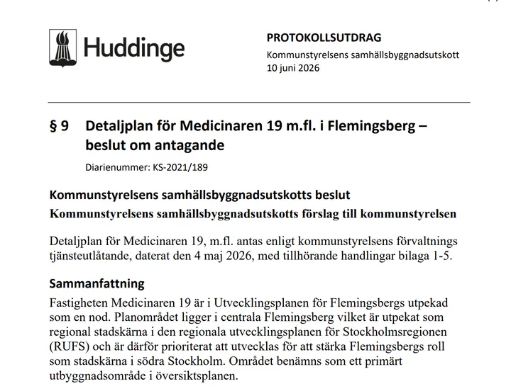 Första sidan i Huddinge kommuns protokollsutdrag om detaljplanen för Medicinaren 19.
