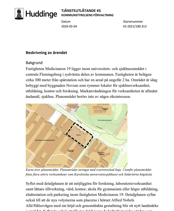 Sida ur Huddinge kommuns tjänsteutlåtande med beskrivning och karta över Medicinaren 19.