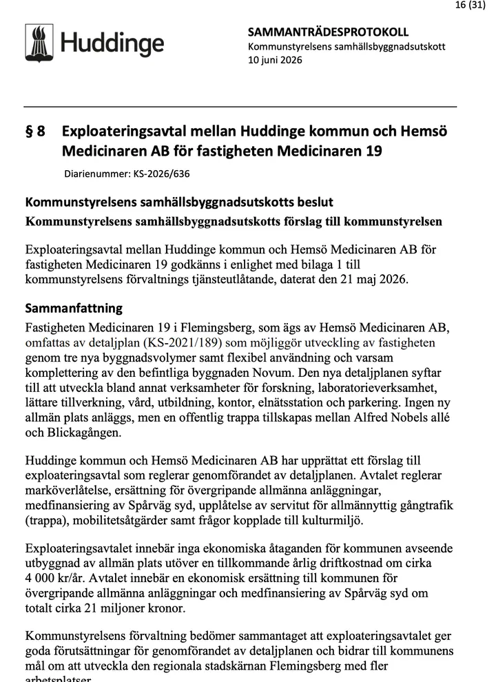 Sida 16 i Huddinge kommuns protokoll om exploateringsavtalet för Medicinaren 19.